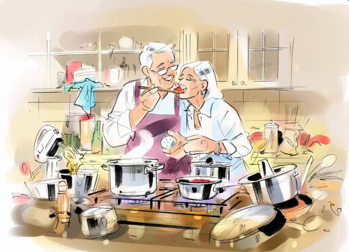 Wife taste the food line and color art