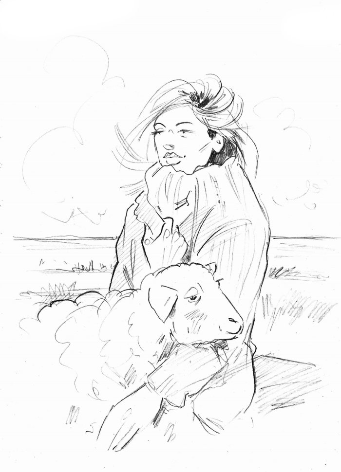 Line drawing of girl with sheep 