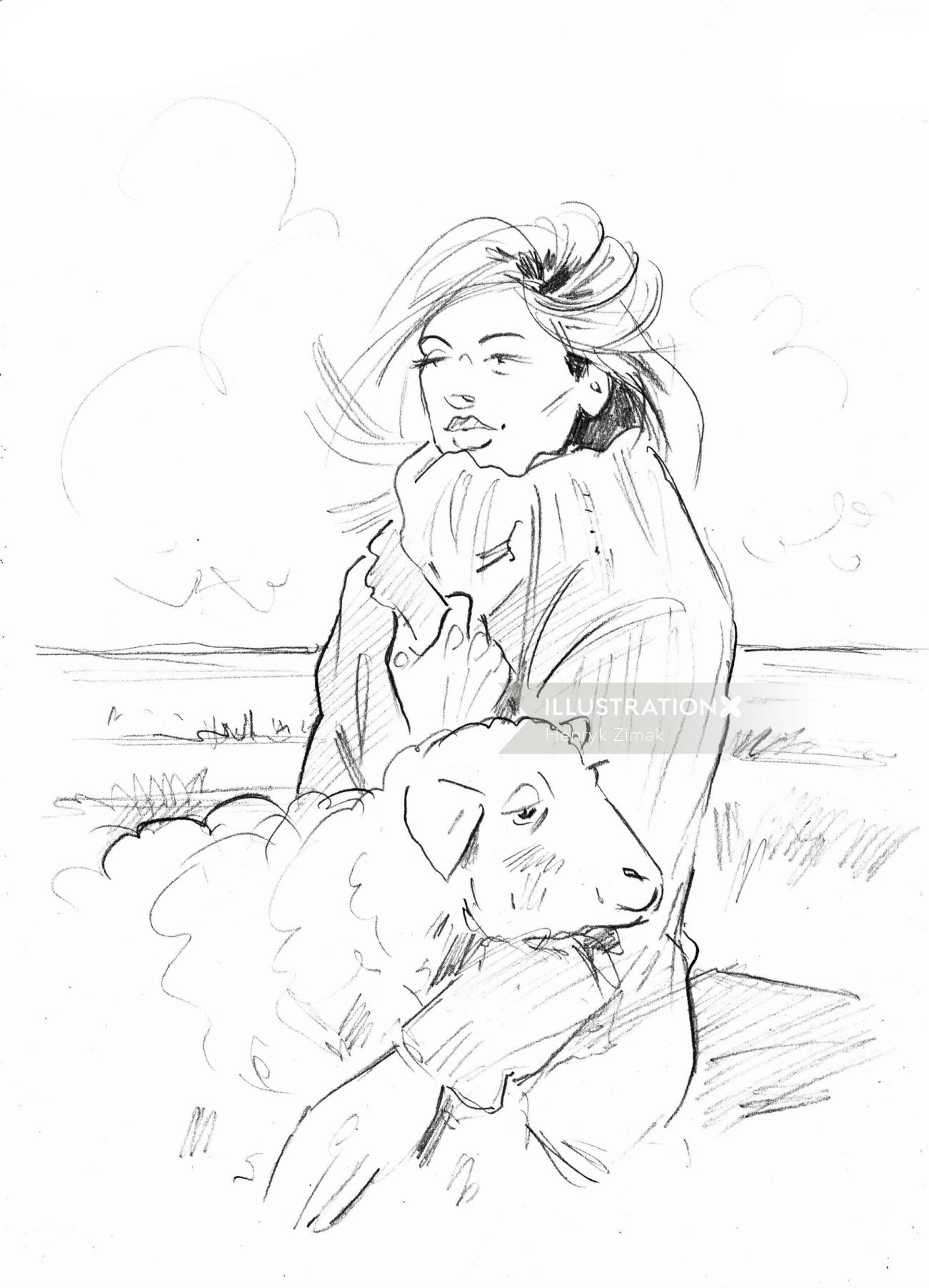 Line drawing of girl with sheep 