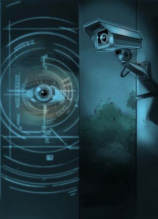 Ilustración de cámara CCTV y observación de ojos.