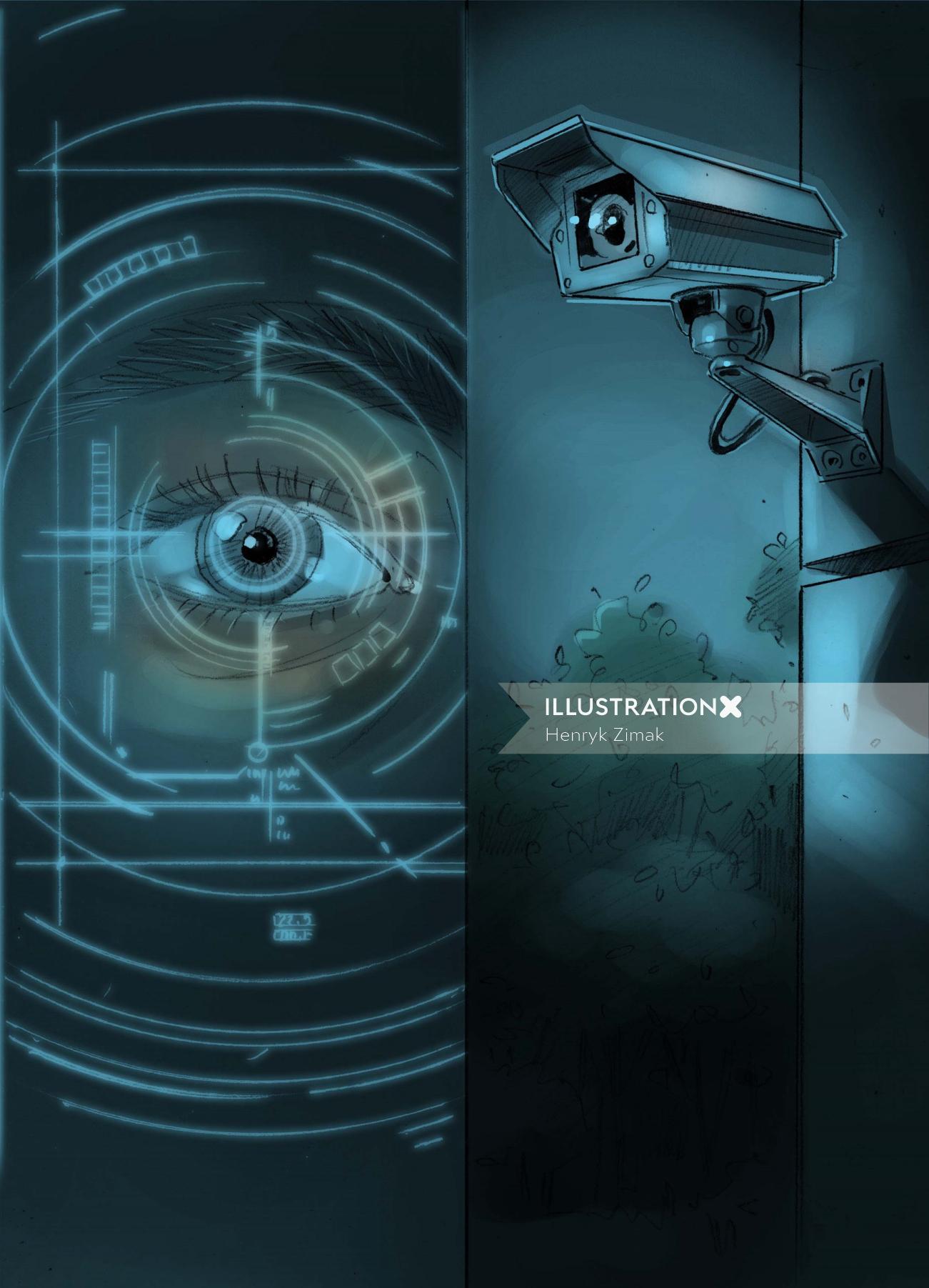 illustration of cctv camera and eye watching