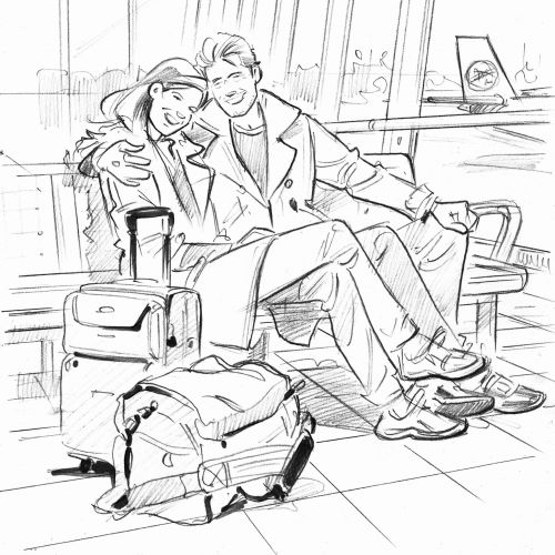 Line drawing of couple at airport 