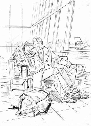 Desenho de casal no aeroporto 