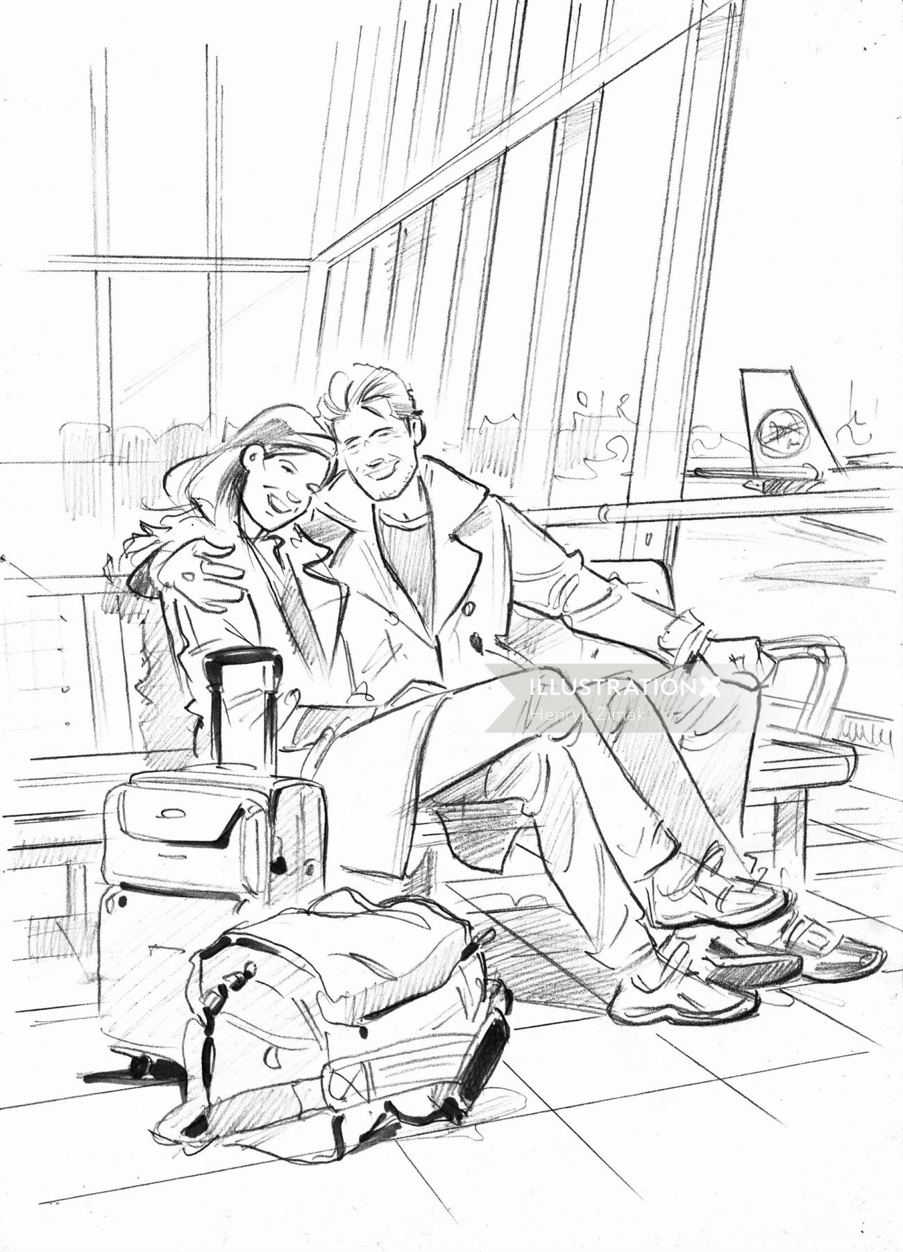 Line drawing of couple at airport 