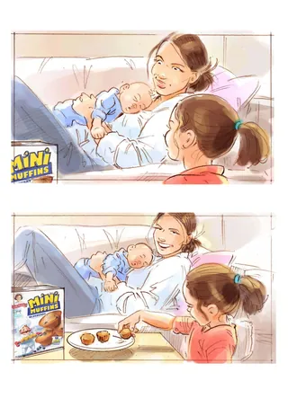 Mother and children enjoying mini muffins together, illustration by Henryk Zimak