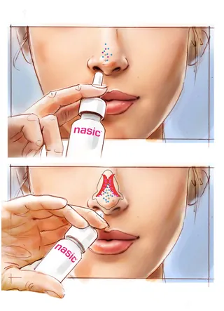 Two-panel illustration showing nasal spray usage instructions by Henryk Zimak