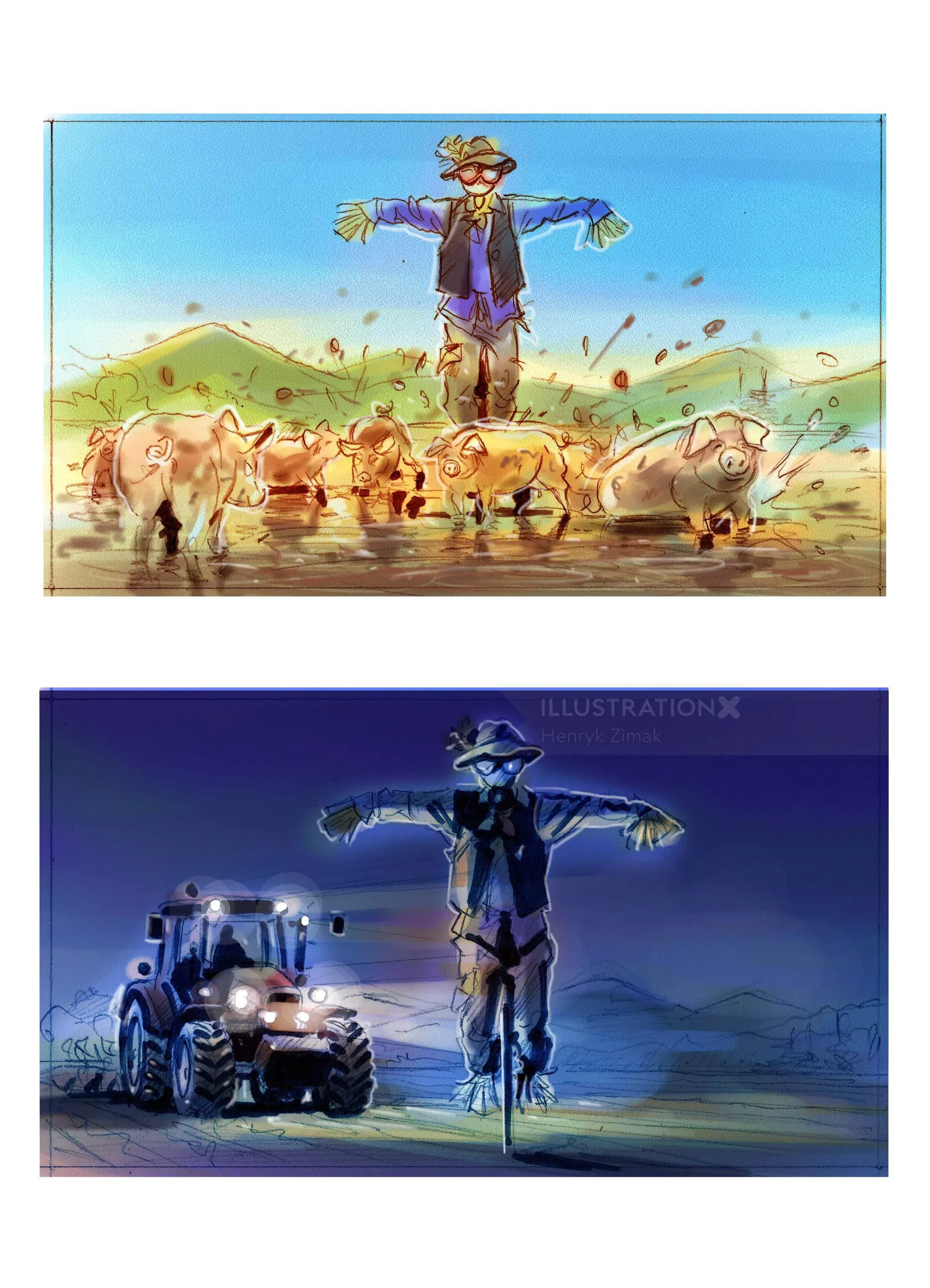 Scarecrow standing with pigs and tractor at night by Henryk Zimak