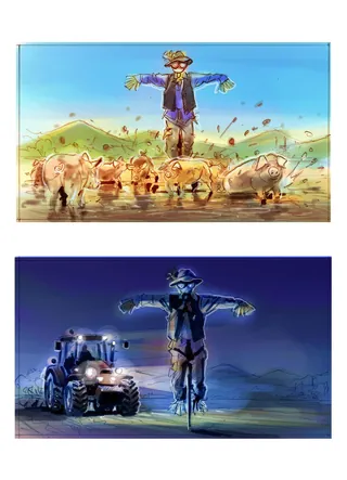 Scarecrow standing with pigs and tractor at night by Henryk Zimak