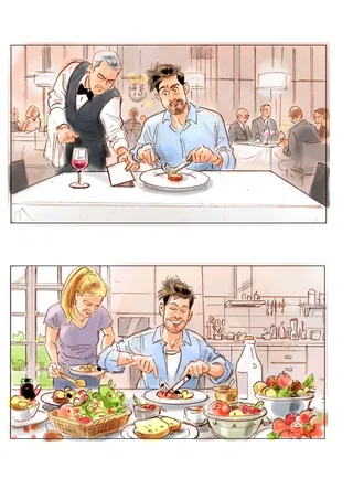 Illustration of formal and casual dining scenes by Henryk Zimak