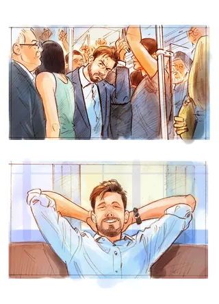 Two scenes by Henryk Zimak: crowded subway commuter and relaxed man at home.