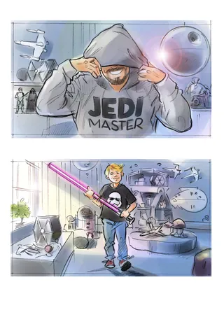 Illustration of Jedi Master hoodie and boy with lightsaber by Henryk Zimak