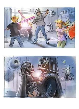 Children and Darth Vader duel with lightsabers in playful scene by Henryk Zimak