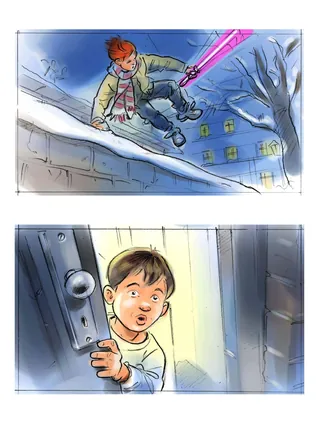 Two-panel drawing by Henryk Zimak of boy with toy laser gun and boy peeking from door