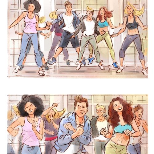 Energetic group dancing indoors illustration by Henryk Zimak