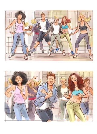 Energetic group dancing indoors illustration by Henryk Zimak