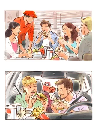 Friends eating fast food at a table and in a car, illustration by Henryk Zimak