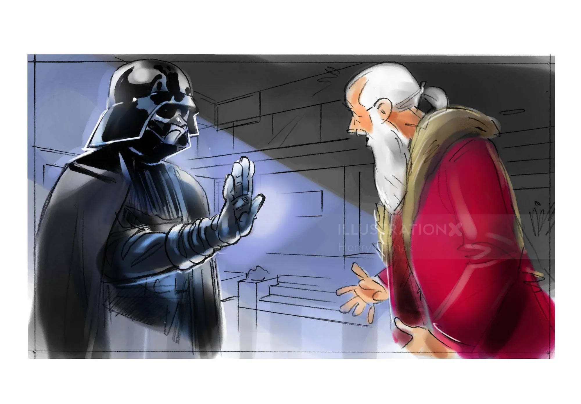 Darth Vader confronting an elderly man in a dramatic scene by Henryk Zimak