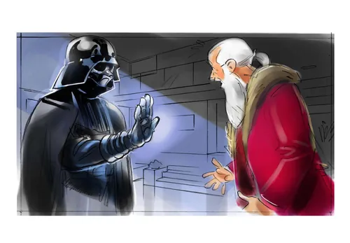 Darth Vader confronting an elderly man in a dramatic scene by Henryk Zimak