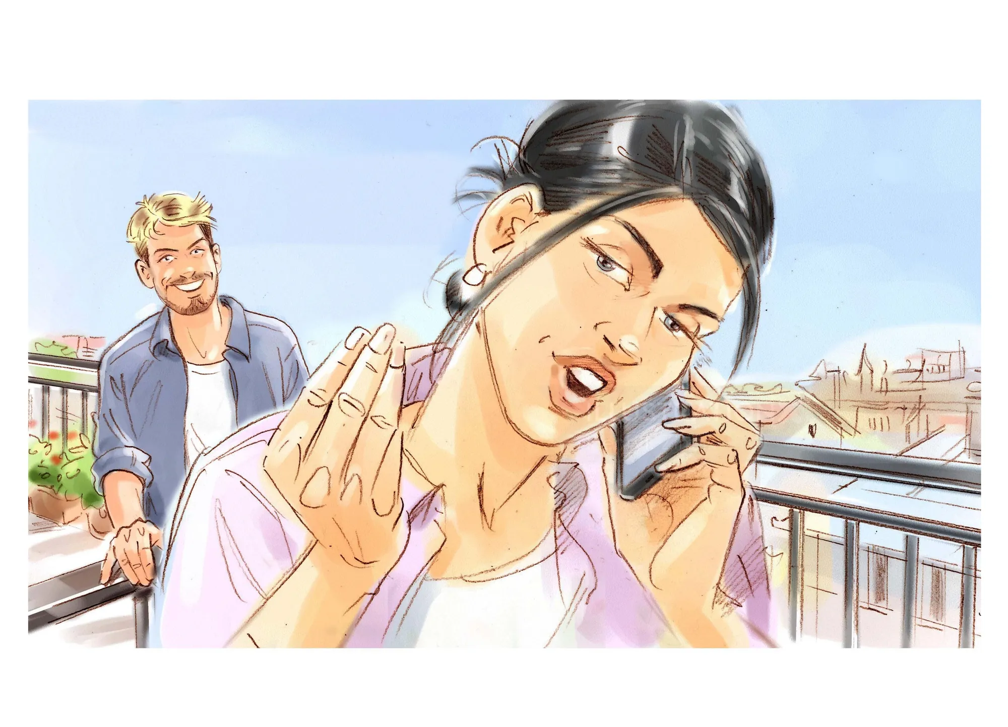 Woman talking on phone gesturing, man standing in background on terrace