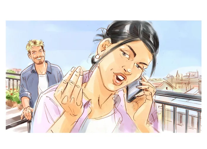 Woman talking on phone gesturing, man standing in background on terrace