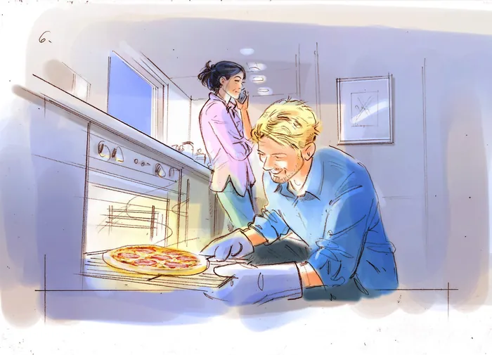 Man taking pizza out of oven with woman on phone in kitchen, illustration by Henryk Zimak