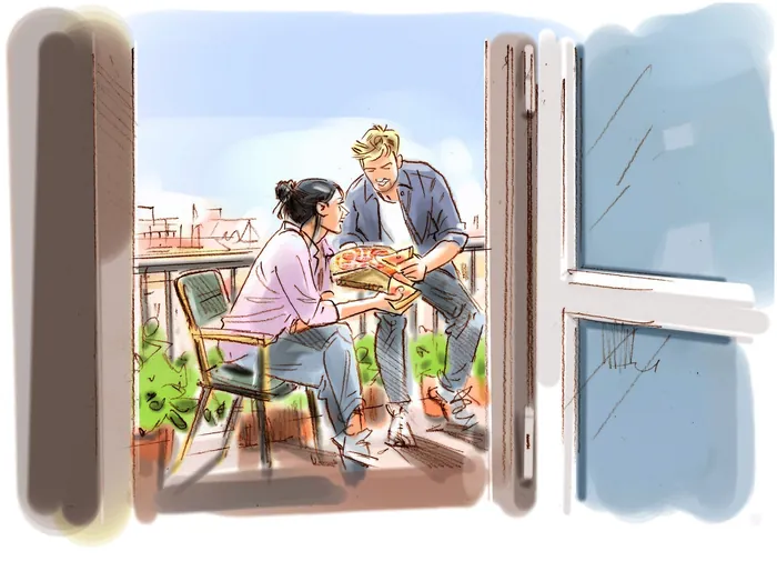 Couple sitting on balcony sharing pizza slice illustration by Henryk Zimak