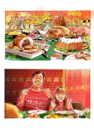 Festive holiday dinner with abundant food and happy family enjoying meal, illustration by Henryk Zim