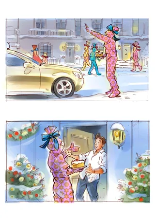 Person in pink pajamas on city street greeting driver and serving cake to man