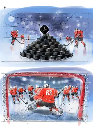 Ice hockey players shooting pucks at pyramid stack of pucks on ice rink by Henryk Zimak
