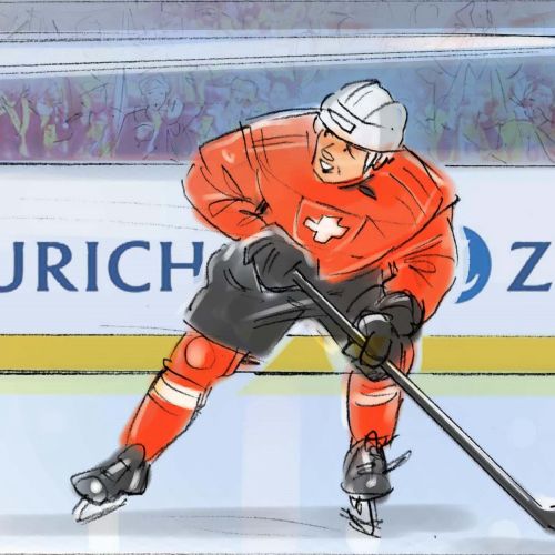 Ice hockey player in orange shooting puck on ice rink illustration by Henryk Zimak