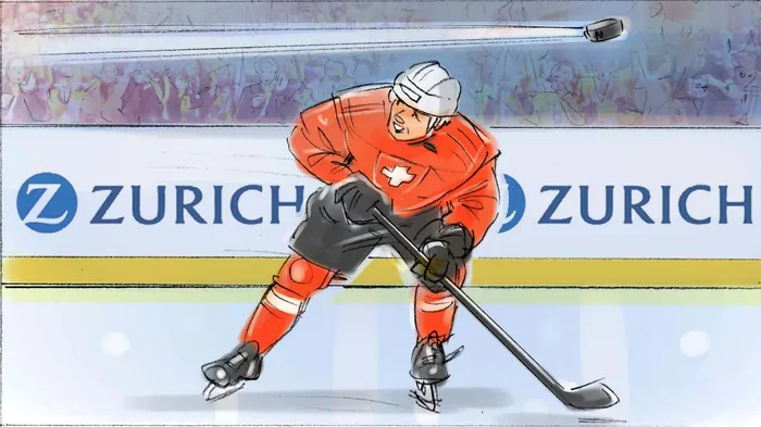 Ice hockey player in orange shooting puck on ice rink illustration by Henryk Zimak