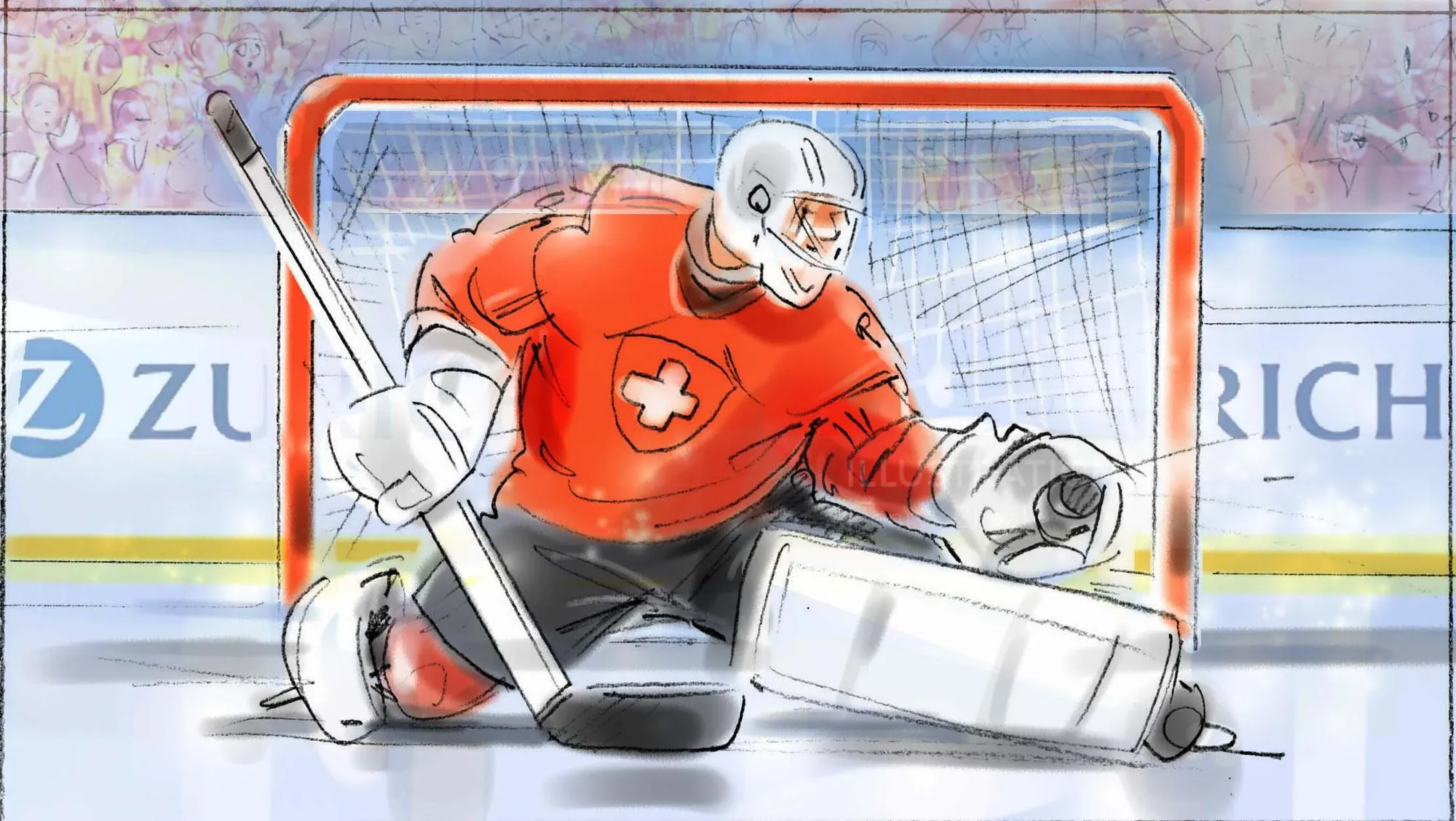 Ice hockey goalie in red gear making a save in front of the net, illustration by Henryk Zimak