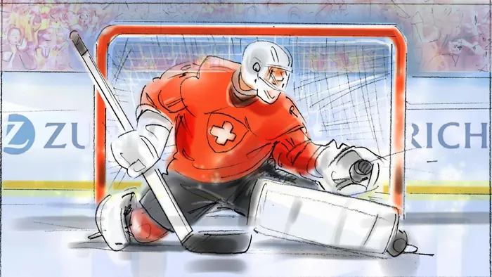 Ice hockey goalie in red gear making a save in front of the net, illustration by Henryk Zimak