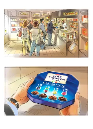 People purchasing Eble Tropfen candies in a retail setting, illustration by Henryk Zimak