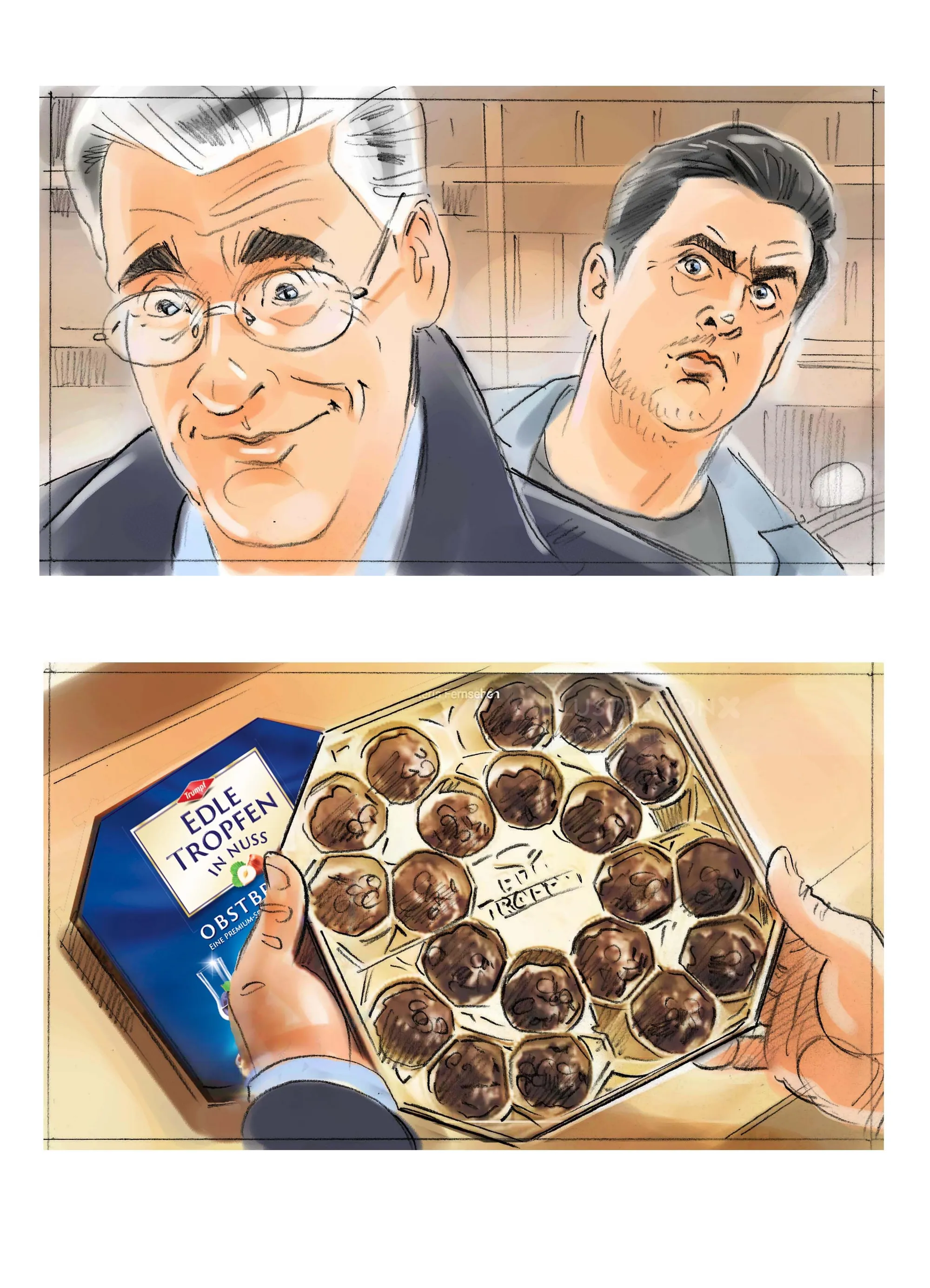 Two men in conversation and hand holding an open box of chocolates by Henryk Zimak