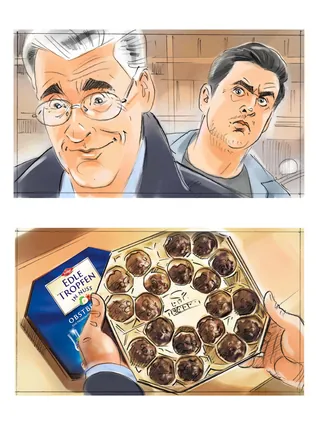 Two men in conversation and hand holding an open box of chocolates by Henryk Zimak