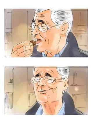 Elderly man savoring chocolate in two-panel illustration by Henryk Zimak