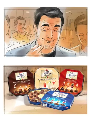 Edle Tropfen chocolate boxes with man tasting chocolate, illustration by Henryk Zimak