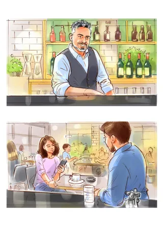 Bartender behind bar and couple seated at cafe table, illustrated by Henryk Zimak