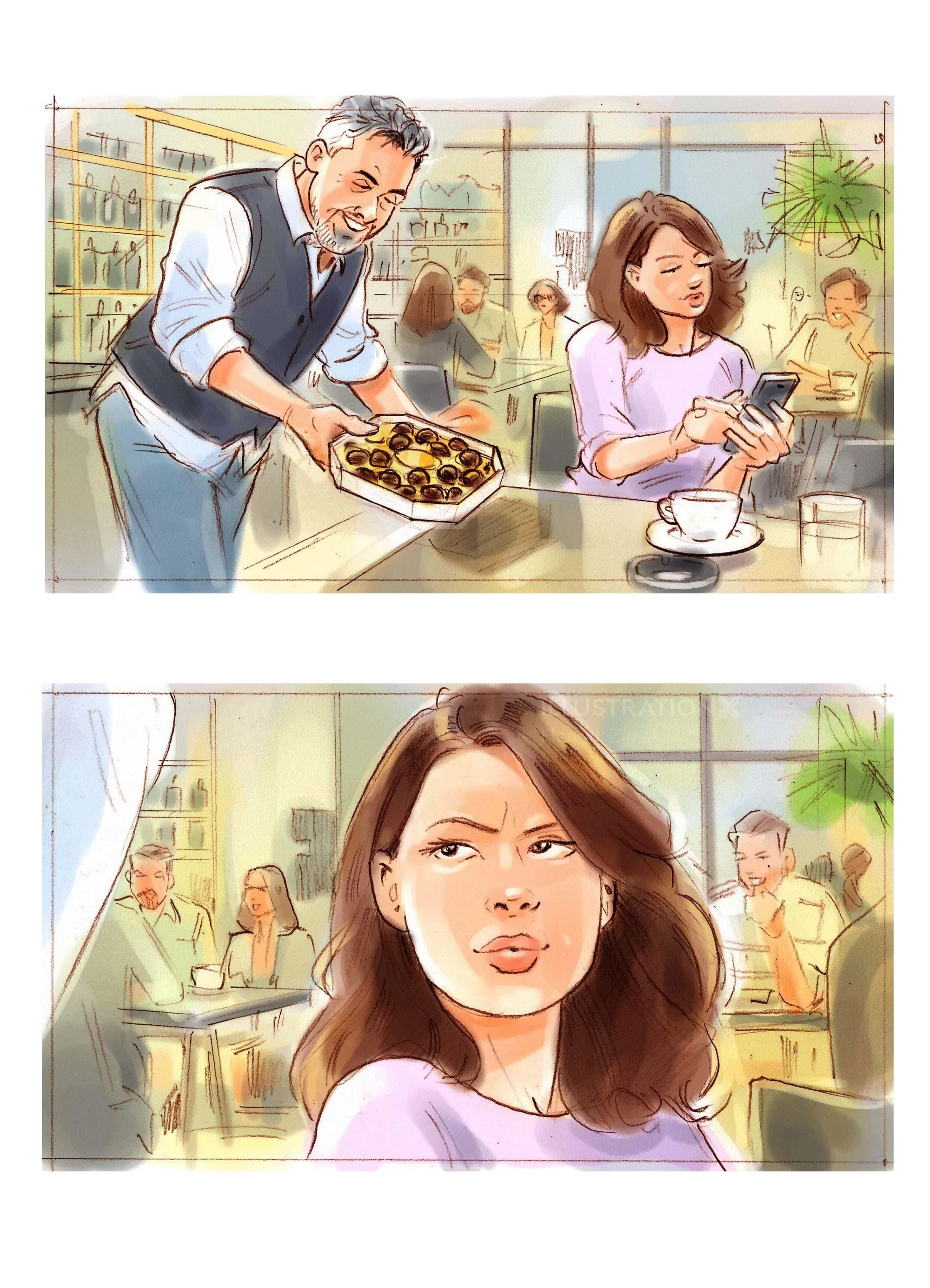 Woman in cafe receiving a pizza from waiter, illustrated by Henryk Zimak
