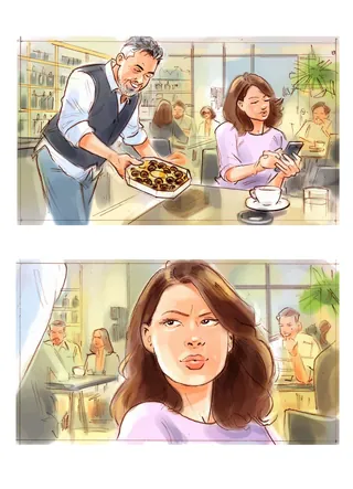 Woman in cafe receiving a pizza from waiter, illustrated by Henryk Zimak