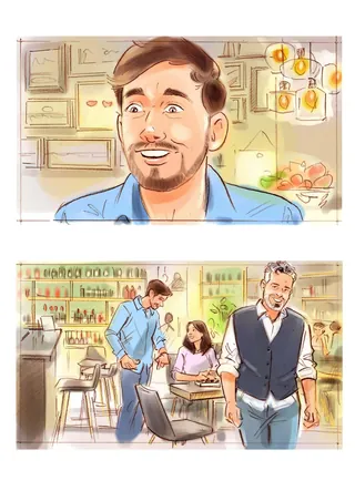 Illustration of a smiling man and a cafe scene by Henryk Zimak