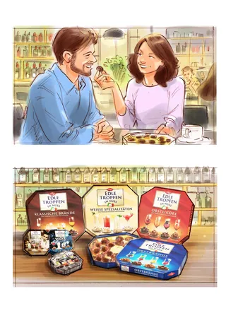 Man and woman sharing sweets in cafe illustrated by Henryk Zimak