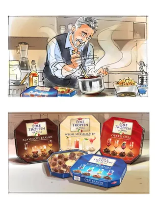Man cooking with Foie Trophée gourmet food packages, illustration by Henryk Zimak