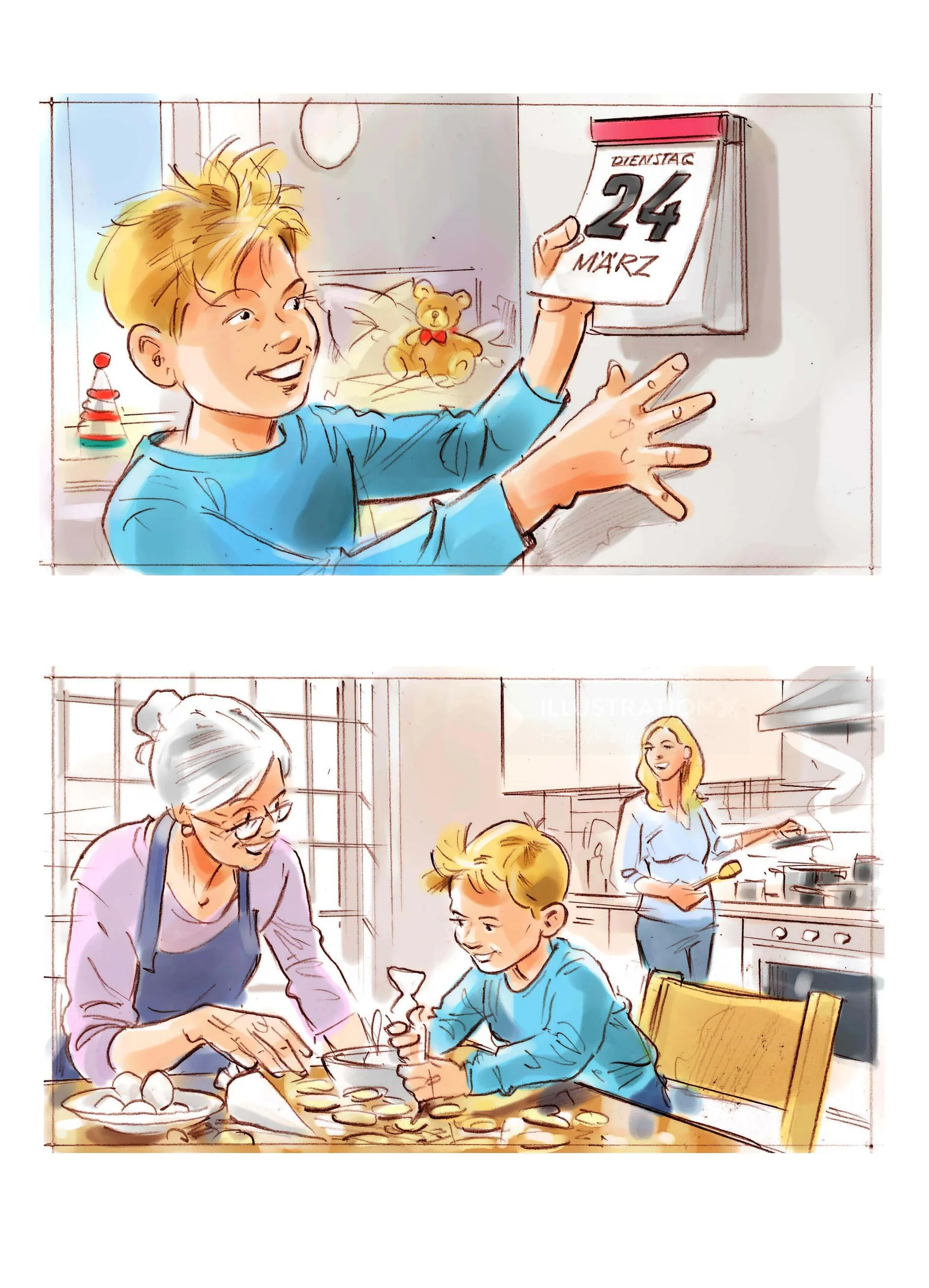 Boy checking March 24 calendar and baking cookies with grandmother and mother