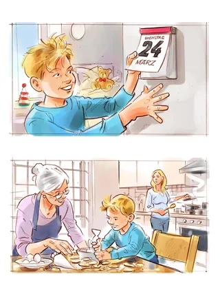 Boy checking March 24 calendar and baking cookies with grandmother and mother