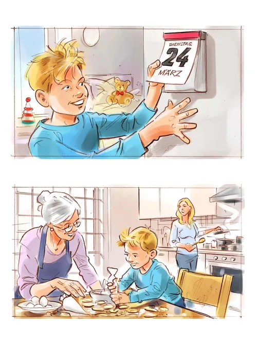 Boy checking March 24 calendar and baking cookies with grandmother and mother
