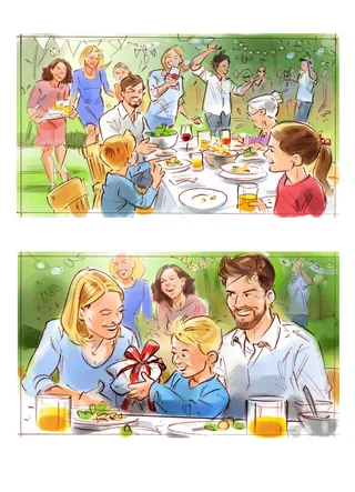 Family enjoying outdoor meal and gift exchange by artist Henryk Zimak