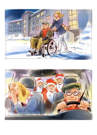 Winter illustrations: person pushing wheelchair and car with Santa hat passengers by Henryk Zimak