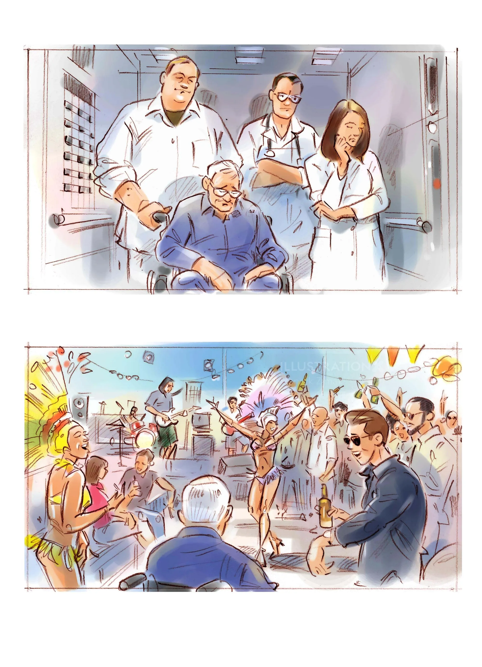 Two Henryk Zimak illustrations of doctors with patient and festive crowd